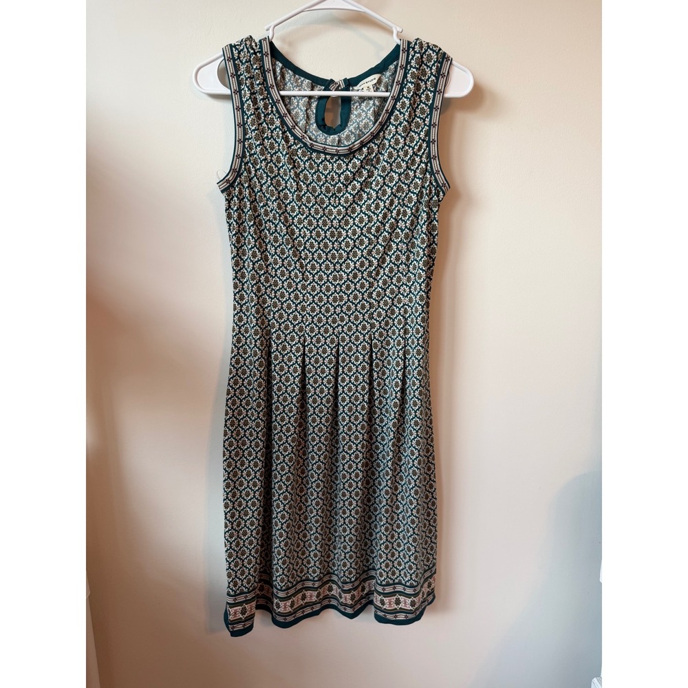 Max Studio Teal Geometric Medallion Print Sleeveless Pleated Shift Dress Medium